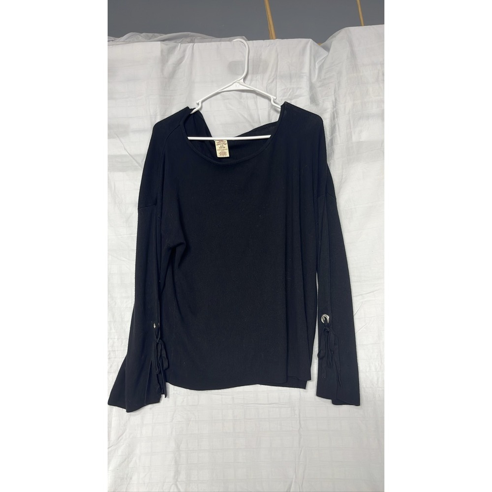 Faded Glory Womens Large Black Scoop Neck Lace Up Long Sleeve Shirt